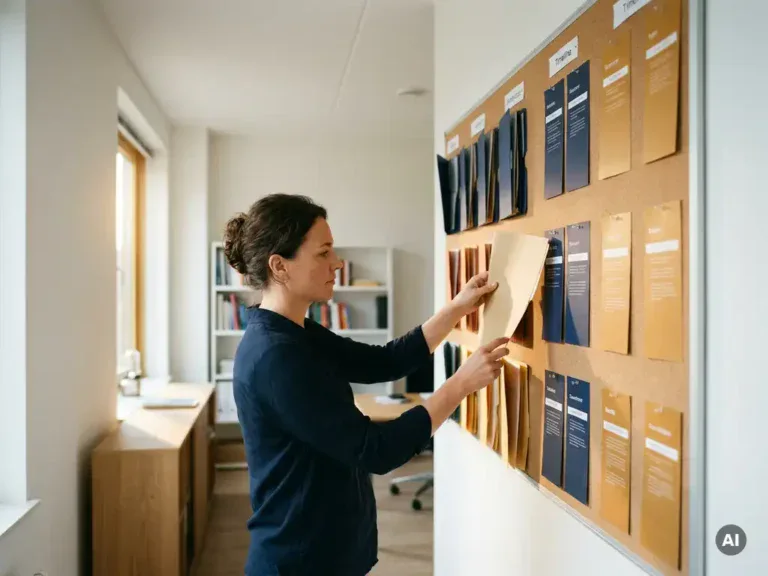 HR-manager sorteert kleurgecodeerde personeelsmappen op een kurkbord, georganiseerd per voortgangsfase, in modern Nederlands kantoor.