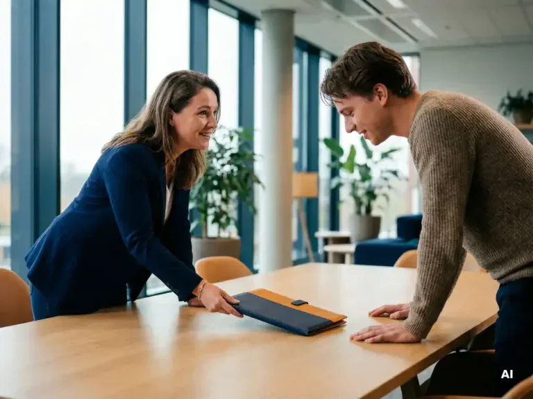 Loopbaanbegeleider schuift een gestructureerde documentmap over een vergadertafel naar een medewerker in een modern Nederlands kantoor.