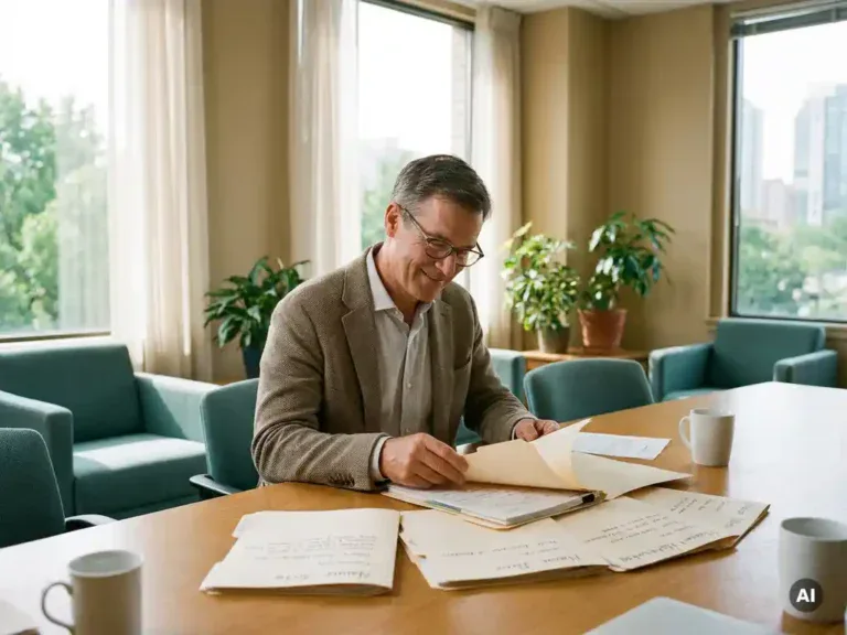 Loopbaanbegeleider aan vergadertafel bekijkt outplacement-dossiers van medewerkers in lichte, professionele kantooromgeving.