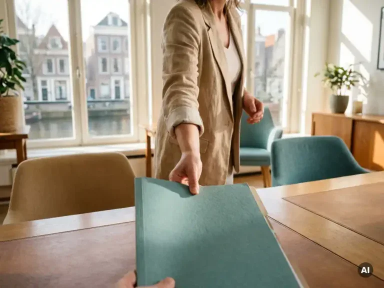 Loopbaanadviseur schuift outplacementmap over vergadertafel in modern Nederlands kantoor met natuurlijk daglicht.