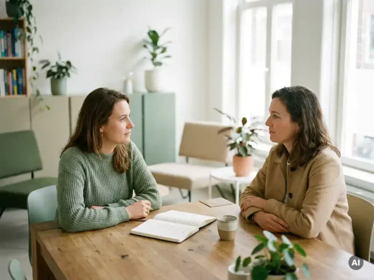 Loopbaanbegeleider en cliënt in gesprek aan houten tafel in modern kantoor, met notitieboek en koffie, warm natuurlijk licht.