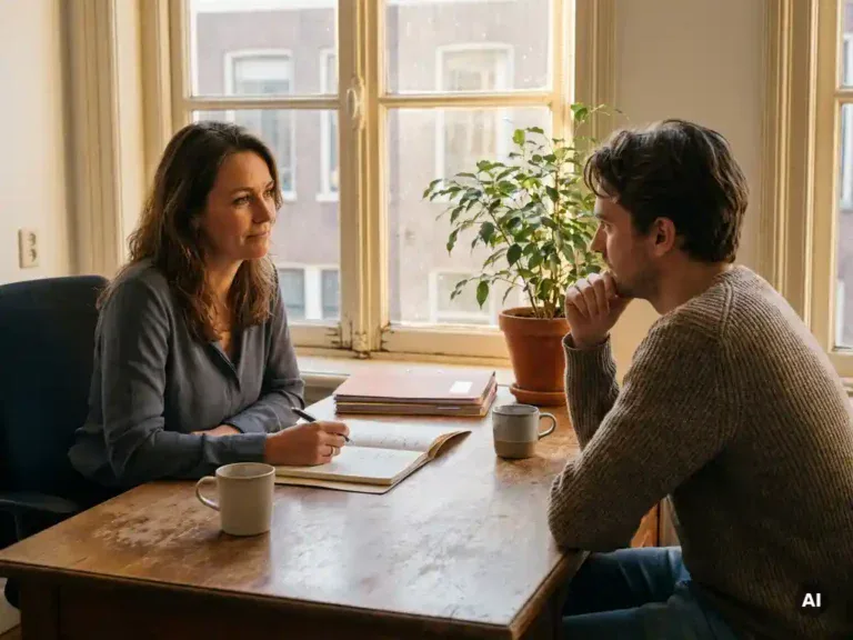 Loopbaancoach en medewerker in gesprek aan houten bureau met notitieboek, warm middaglicht in modern Nederlands kantoor.
