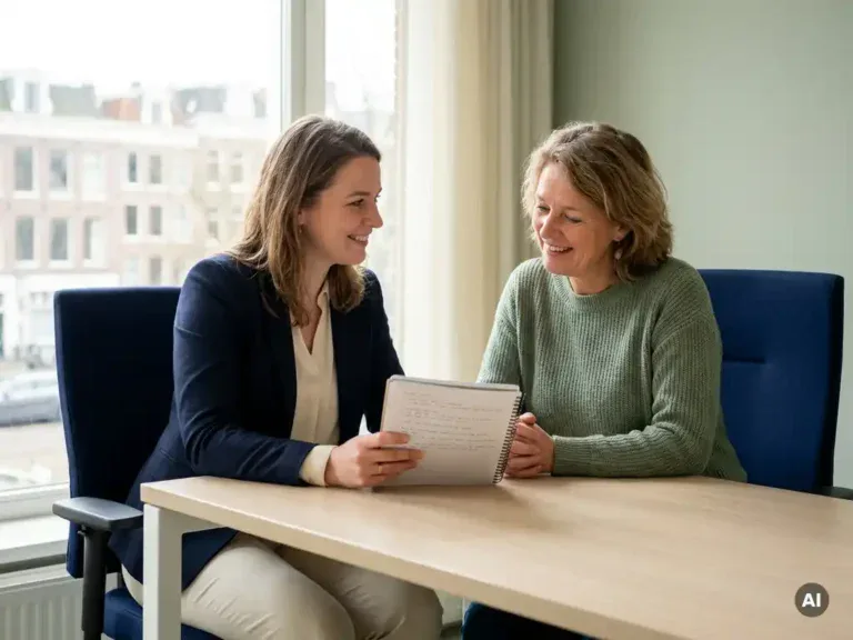 Nederlandse vrouw en loopbaancoach in gesprek aan modern bureau, met open notitieboek, warm natuurlijk licht.