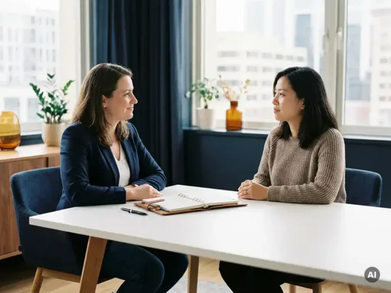 Loopbaancoach en medewerker in gesprek aan modern bureau met opengeslagen planner, warm kantoor met natuurlijk daglicht.