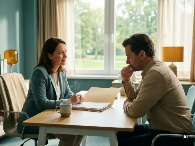 Loopbaancoach en medewerker in gesprek aan houten bureau met open map en koffie, rustige kantooromgeving met natuurlijk licht.