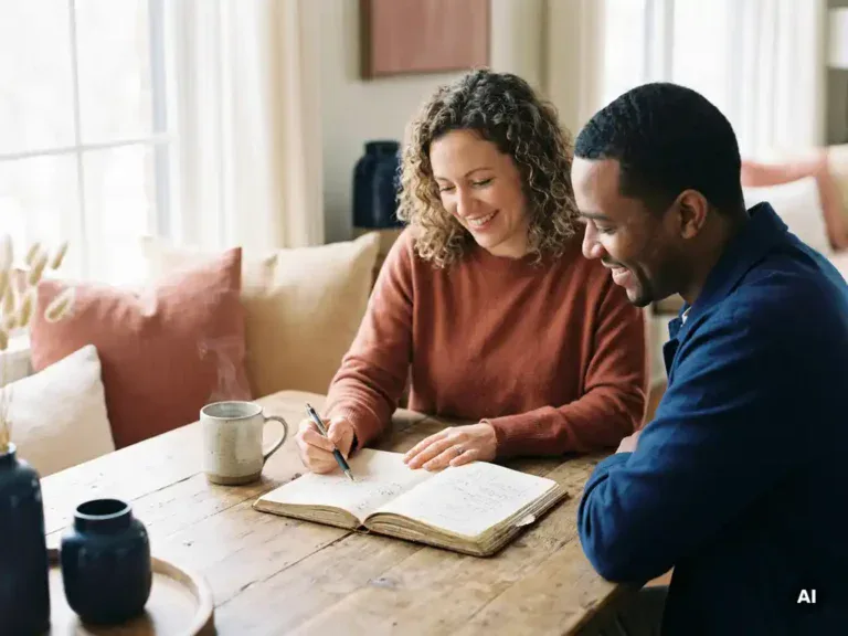 Loopbaancoach en medewerker bekijken samen handgeschreven persoonlijke doelen in notitieboek aan houten tafel met koffie.