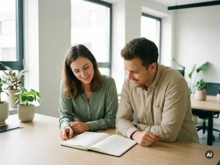 Loopbaancoach en medewerker bespreken doelen over een notitieboek aan een houten bureau in een licht modern kantoor.