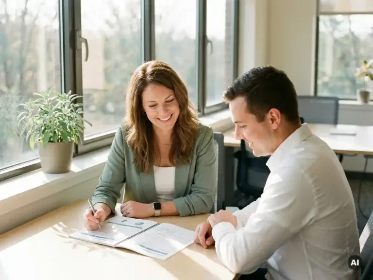 Loopbaancoach en medewerker bespreken een persoonlijk ontwikkelingsplan aan een modern bureau in warm natuurlijk licht.