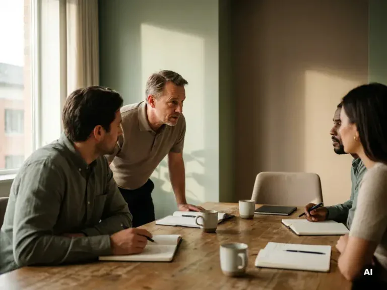 Manager bespreekt vertrouwelijk iets met collega's rond een vergadertafel met notitieboeken en koffie, één lege stoel zichtbaar.