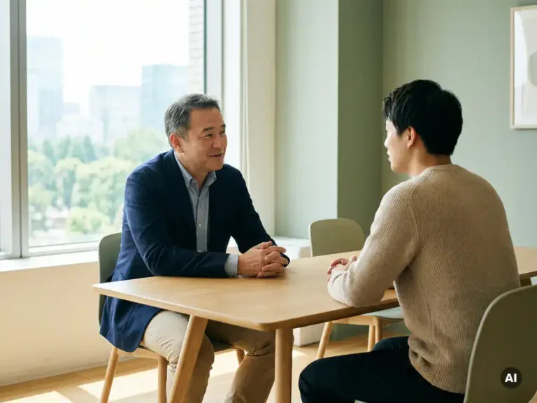 Manager en medewerker in gesprek aan modern kantaartafel, warm natuurlijk licht, professionele maar menselijke sfeer.