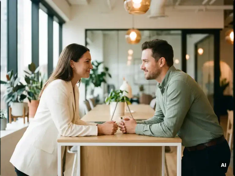 Manager en medewerker in open gesprek aan modern bureau, verlicht door natuurlijk raamlicht in warme kantooromgeving.