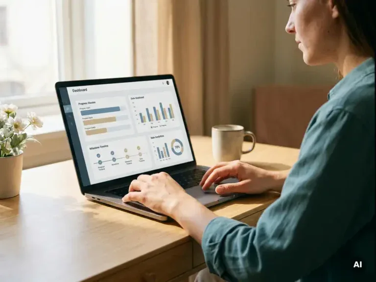 Werkgever bekijkt digitaal dashboard met voortgangsgrafieken en mijlpalen op laptop aan minimalistisch bureau in warm natuurlijk licht.