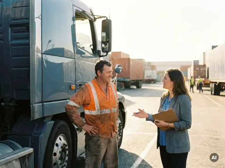 Vrachtwagenchauffeur in veiligheidsvest naast een vrachtwagen op een logistiek terrein, begeleid door een loopbaancoach met klembord.