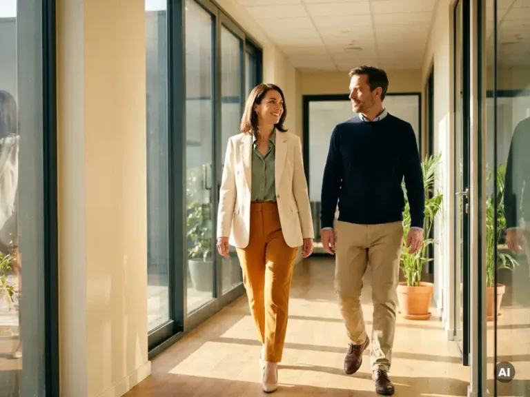 Vrouw in zakelijke kleding loopt zelfverzekerd door modern kantoorgebouw naast ondersteunende collega, warm natuurlijk licht.