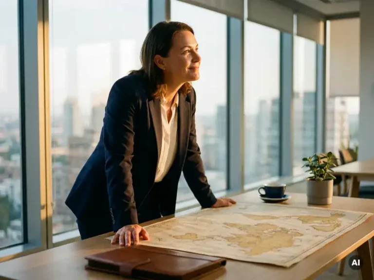Zakenvrouw bestudeert een wereldkaart op een modern bureau met leren portfolio en koffiekopje, warm goudkleurig licht.